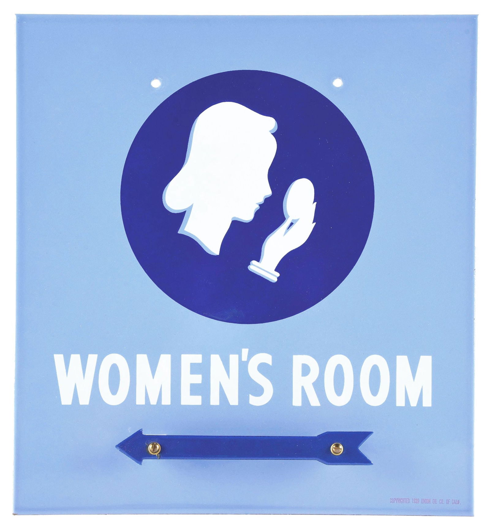 OUTSTANDING UNION OIL "WOMEN'S ROOM" PORCELAIN SERVICE STATION SIGN W/ DIRECTIONAL ARROW. (1 of 3)