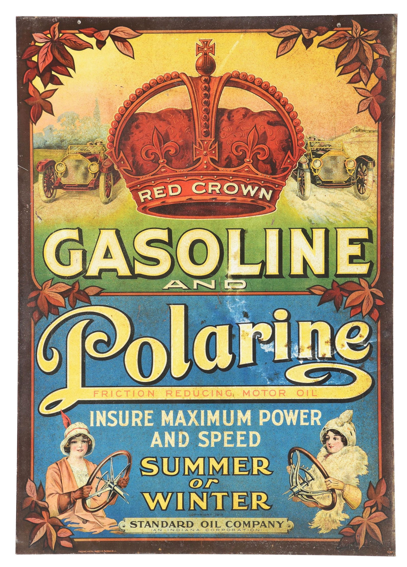 RARE RED CROWN GASOLINE & POLARINE MOTOR OILS "SUMMER OR WINTER" TIN SERVICE STATION SIGN.: AGS CERTIFIED #10129. DST. Sign is Maker Marked Passaic Metal Ware Co., Passaic, New Jersey and shows a copyright date of 1913. An incredibly early and well displaying example of Gasoline & Motor Oil