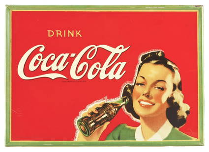 DRINK COCA-COLA TIN SIGN W/ SELF FRAMED OUTER EDGE.: AGS CERTIFIED #10136. SST. Sign is Maker Marked A-M 11-40. This 1940's era sign is nicely self-framed featuring the lady and the iconic Coca-Cola script logo. CONDITION: This sign retains good color