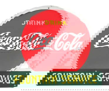 RARE DRINK COCA-COLA FOUNTAIN SERVICE PORCELAIN SIGN W/ PORCELAIN FOUNTAIN ATTACHMENTS.: AGS CERTIFIED #10141. SSP. A very rare and well displaying Sign from Coca Cola showing large Coca Cola Porcelain Sign at the center with "Fountain Service" attachment sign as well as both Porcelain Fo