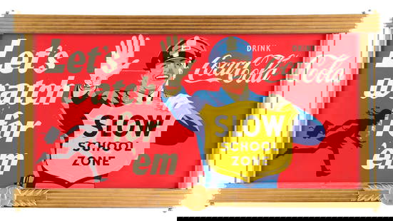 COCA COLA "LET'S WATCH FOR 'EM" SCHOOL ZONE CARD STOCK KAY DISPLAY W/ ORIGINAL WOODEN FRAMING.: AGS CERTIFIED #10144. Single Sided Card Stock Kay Display for Coca Cola showing iconic School Zone Traffic Cop graphic with Coca Cola script and "Watch Out For 'Em" messaging. Display is mounted in th