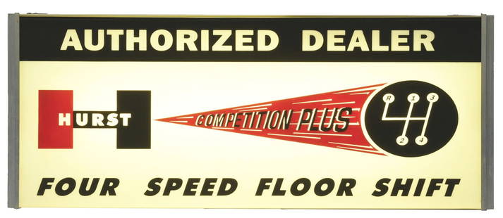 NEW OLD STOCK HURST AUTHORIZED DEALER LIGHT UP DEALERSHIP SIGN W/ ORIGINAL SHIPPING BOX.: AGS CERTIFIED #10200. Single Sided Light Up Dealership Display for Hurst Competition Shifters showing plastic light up face with metal box. Display is New Old Stock with the original shipping box, pro