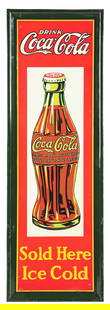 DRINK COCA-COLA SOLD HERE ICE COLD TIN SIGN W/ SELF FRAMED OUTER EDGE.: AGS CERTIFIED #10211. SST. Sign is Maker Marked Robertson Steel and Iron Co., Springfield, Ohio & Dated 1937. An excellent example of this rare and highly sought-after piece of tin Coca-Cola advertisi
