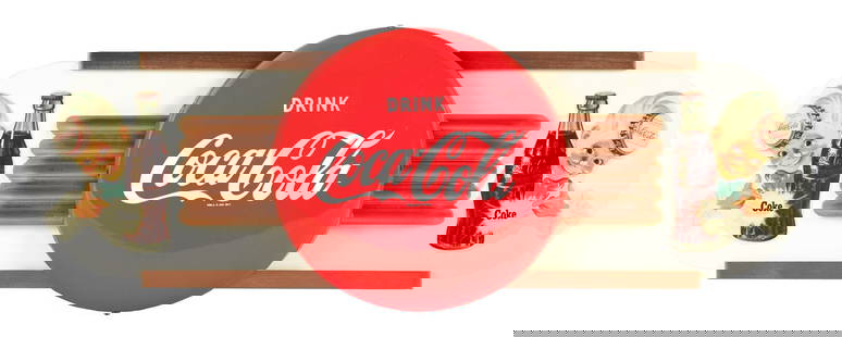 DRINK COCA-COLA KAY DISPLAY W/ TIN BUTTON SIGN ATTACHMENT.: AGS CERTIFIED #10213 & 10214. Single Sided Masonite Kay Display Sign showing Tin Coca Cola Button Attachment Sign. Sign is Maker Marked "Kay Inc" on the back side. CONDITION: The Masonite Kay Sign is