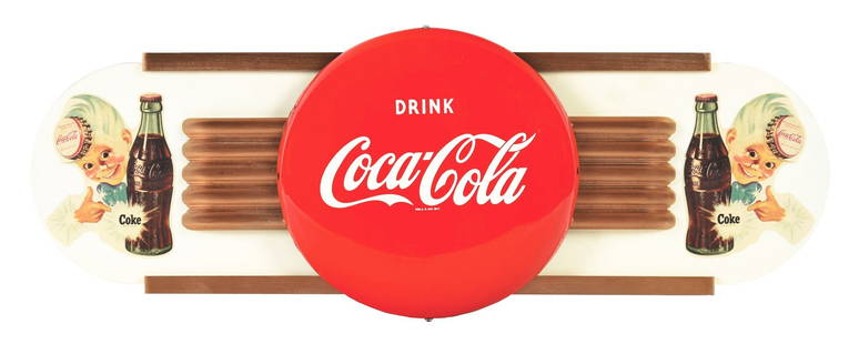 DRINK COCA-COLA KAY DISPLAY W/ TIN BUTTON SIGN ATTACHMENT.: AGS CERTIFIED #10213 & 10214. Single Sided Masonite Kay Display Sign showing Tin Coca Cola Button Attachment Sign. Sign is Maker Marked "Kay Inc" on the back side. CONDITION: The Masonite Kay Sign is