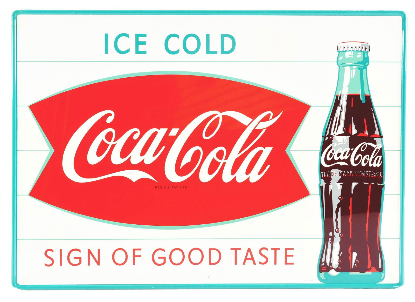 ICE COLD COCA-COLA "SIGN OF GOOD TASTE" TIN SIGN W/ FISHTAIL & BOTTLE GRAPHIC. (1 of 4)