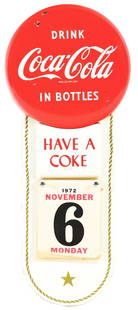 COCA-COLA "HAVE A COKE" TWO PIECE TIN CALENDAR SIGN.: AGS CERTIFIED #10222. SST. Sign is Dated 1956. A well displaying example of this seldom seen Two Piece Tin Calendar Sign for Coca Cola showing Button with "Have A Coke" slogan. CONDITION: Calendar is
