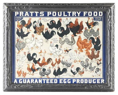 PRATTS POULTRY FOOD FRAMED CARD STOCK ADVERTISEMENT W/ CHICKEN GRAPHICS.: AGS CERTIFIED #10231. Single Sided Card Stock advertising Poster for Pratt's Poultry Food showing various Chicken Species graphics throughout with unique script style. CONDITION: Poster is overall ver