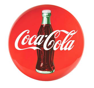 COCA-COLA PORCELAIN BUTTON SIGN W/ BOTTLE GRAPHIC.: AGS CERTIFIED #10289. SSP. A well displaying example of this iconic Porcelain Sign from Coca Cola showing large script with Bottle graphic. CONDITION: Sign is overall excellent showing excellent color