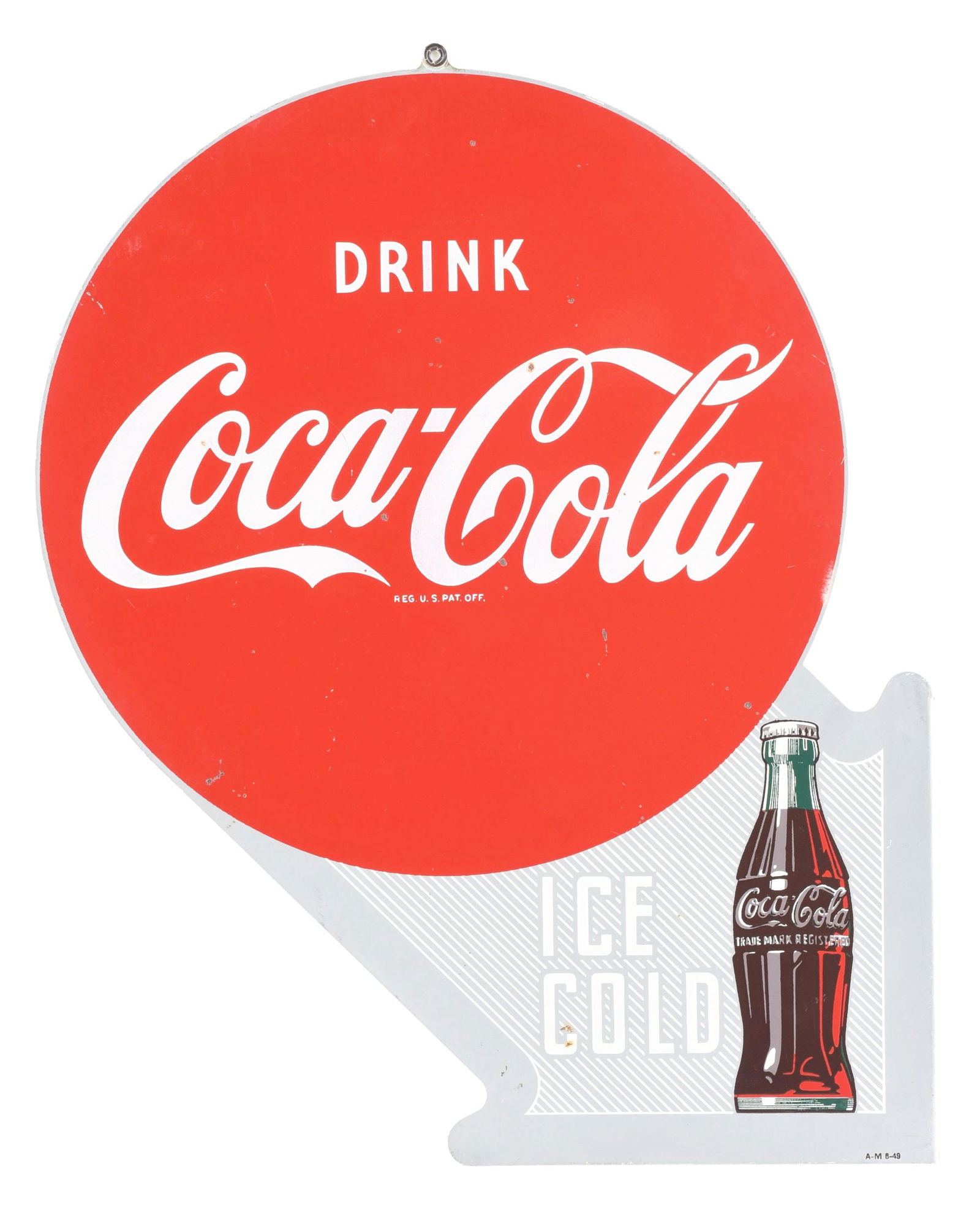 DRINK COCA-COLA ICE COLD TIN FLANGE W/ BOTTLE GRAPHIC. (1 of 3)