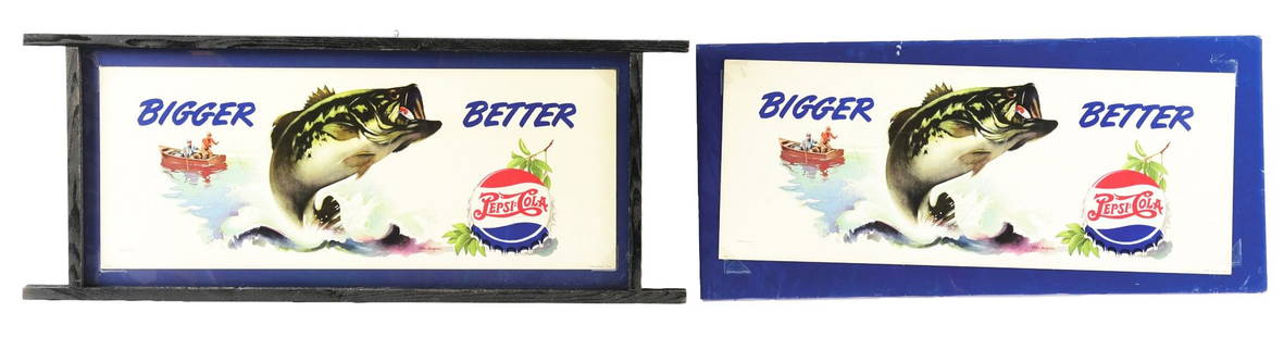 COLLECTION OF 2: PEPSI COLA "BIGGER BETTER" CARD STOCK LITHOGRAPHED ADVERTISEMENTS.: AGS CERTIFIED #10294. Collection of two C. 1950's Card Stock Advertisements for Pepsi Cola showing excellent Bottle Cap & Fish graphics with "Bigger Better" slogan. CONDITION: Lithographs are both in