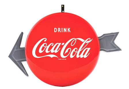 DRINK COCA-COLA TIN BUTTON SIGN W/ EMBOSSED TIN ARROW ATTACHMENT.: AGS CERTIFIED #10299 & 10300. SST. Sign is Maker Marked A.M. & Dated 1950. Exceptionally well displaying Tin Button Sign for Coca Cola showing Embossed Tin Arrow Attachment. CONDITION: Button Sign is