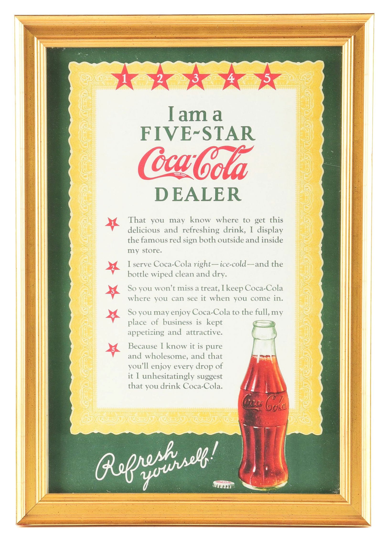 I AM A FIVE STAR COCA COLA DEALER FRAMED PAPER ADVERTISEMENT. (1 of 2)