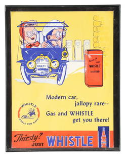 THIRSTY? JUST WHISTLE FRAMED CARD STOCK AD W/ CAR GRAPHIC.: AGS CERTIFIED #10368. Maker Marked V.B. Co., St. Louis & Dated 1941. Single Sided Card Stock Advertisement for Whistle Soda Pop showing Service Station scene with Car & Cooler graphic. CONDITION: Adve