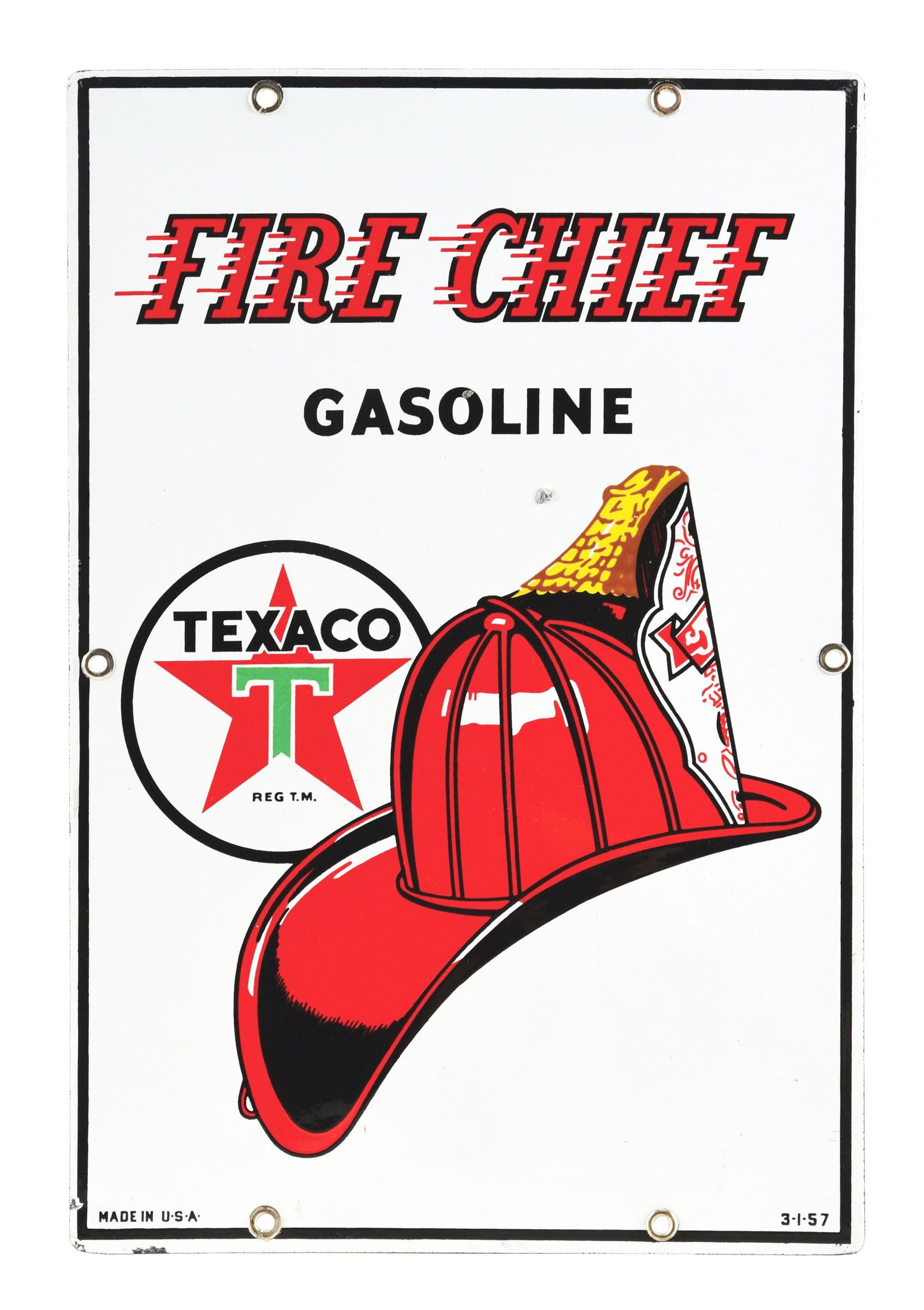 TEXACO FIRE CHIEF GASOLINE PORCELAIN PUMP PLATE SIGN W/ FIRE HELMET GRAPHIC.: AGS CERTIFIED #10376. SSP. Sign shows a Date Code "3.1.57". An exceptionally glossy and bright example of this Porcelain Pump Sign from Texaco advertising "Fire Chief Gasoline", one of the most recogn