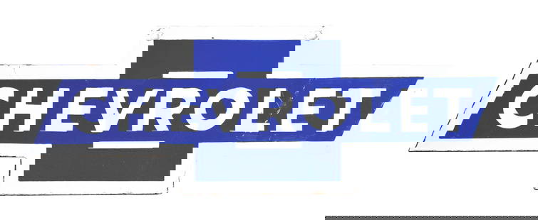 CHEVROLET PORCELAIN BOW TIE ATTACHMENT SIGN.: AGS CERTIFIED #10380. SSP. A well displaying example of this Porcelain Bow Tie Attachment Sign from Chevrolet showing excellent script with Bow Tie shape. CONDITION: Sign shows restoration throughout