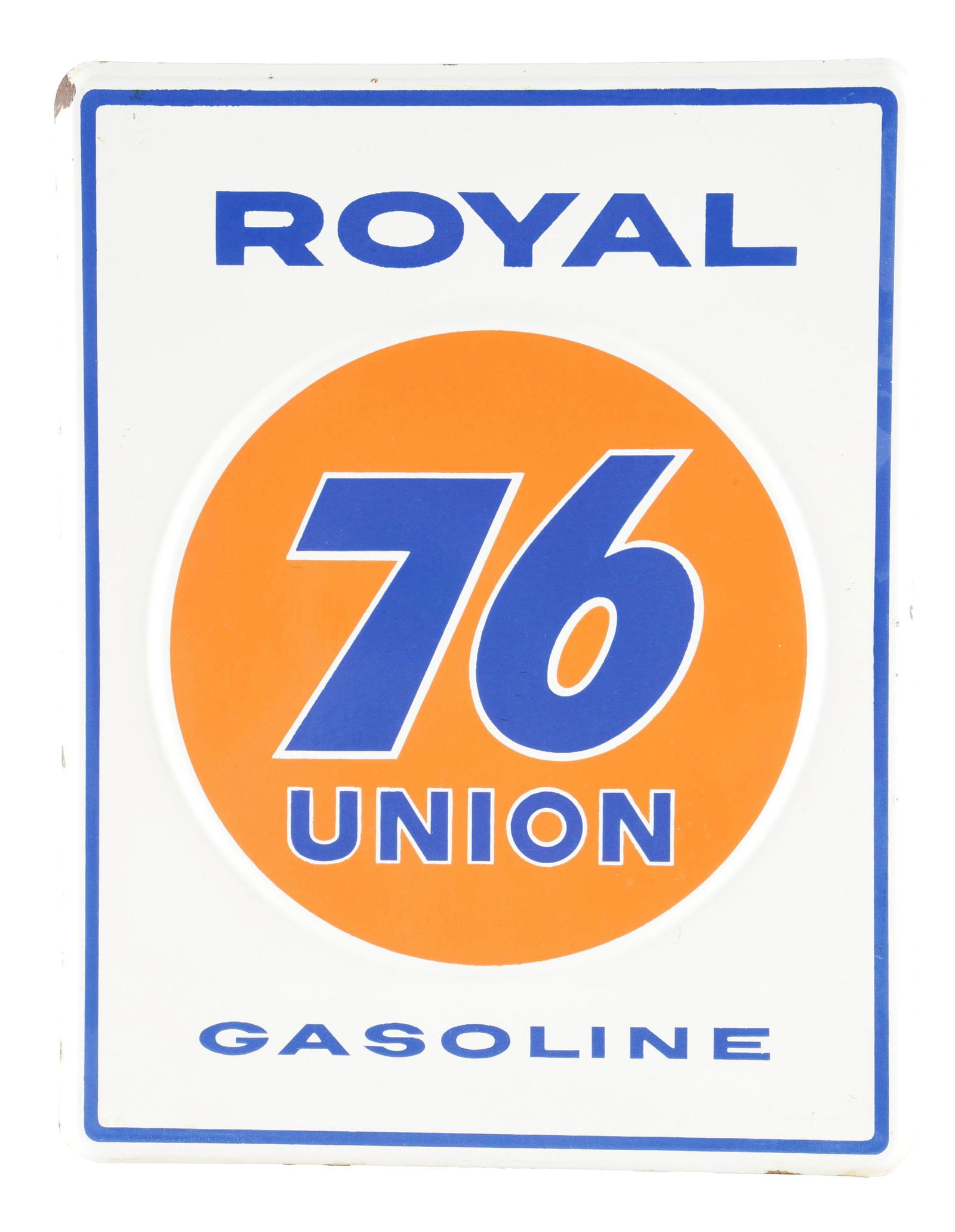 UNION 76 ROYAL GASOLINE EMBOSSED PORCELAIN PUMP PLATE SIGN. (1 of 2)
