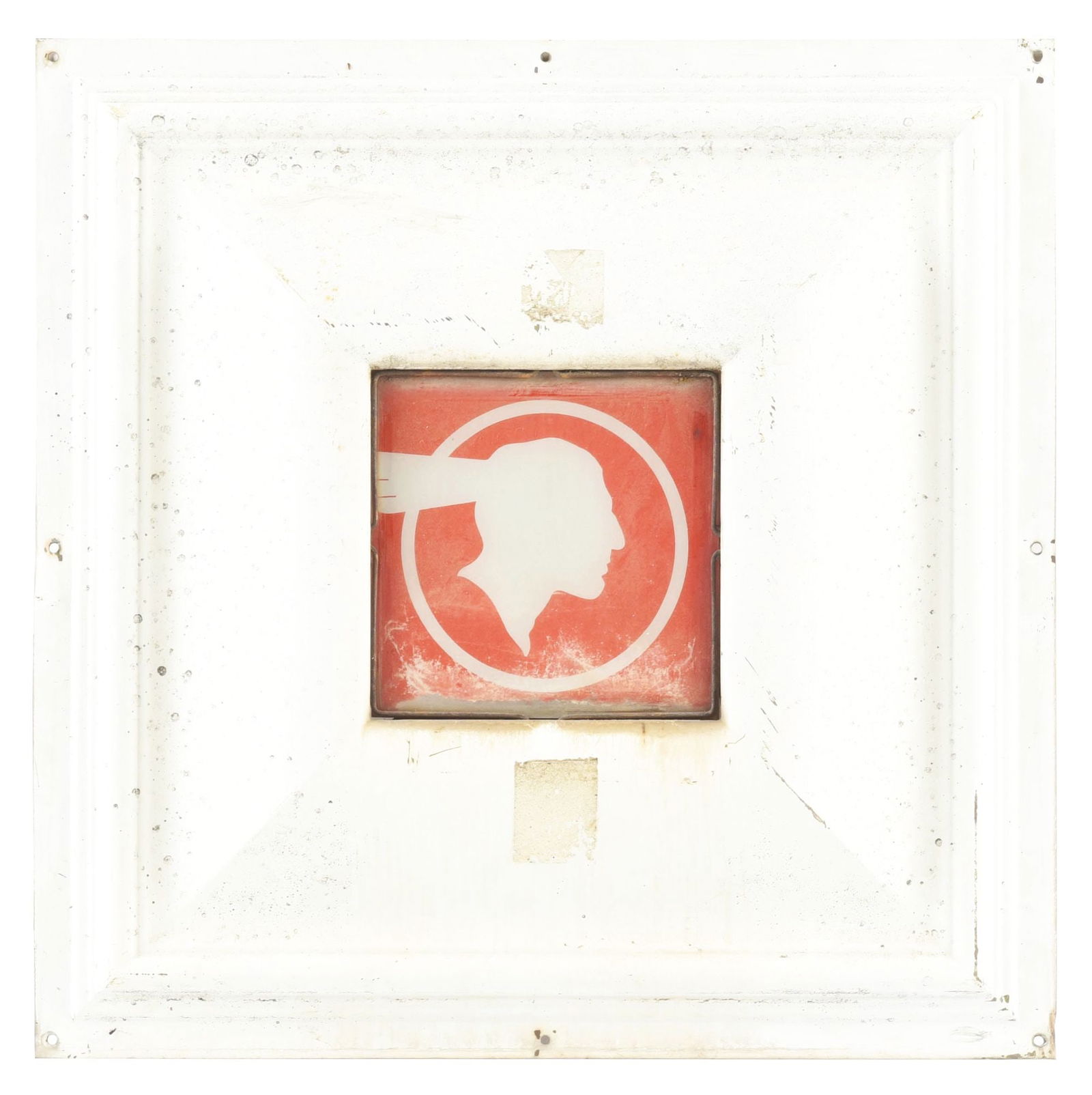 PONTIAC AUTOMOBILES EMBOSSED TIN DEALERSHIP PANEL SIGN W/ GLASS PONTIAC INSERT. (1 of 2)