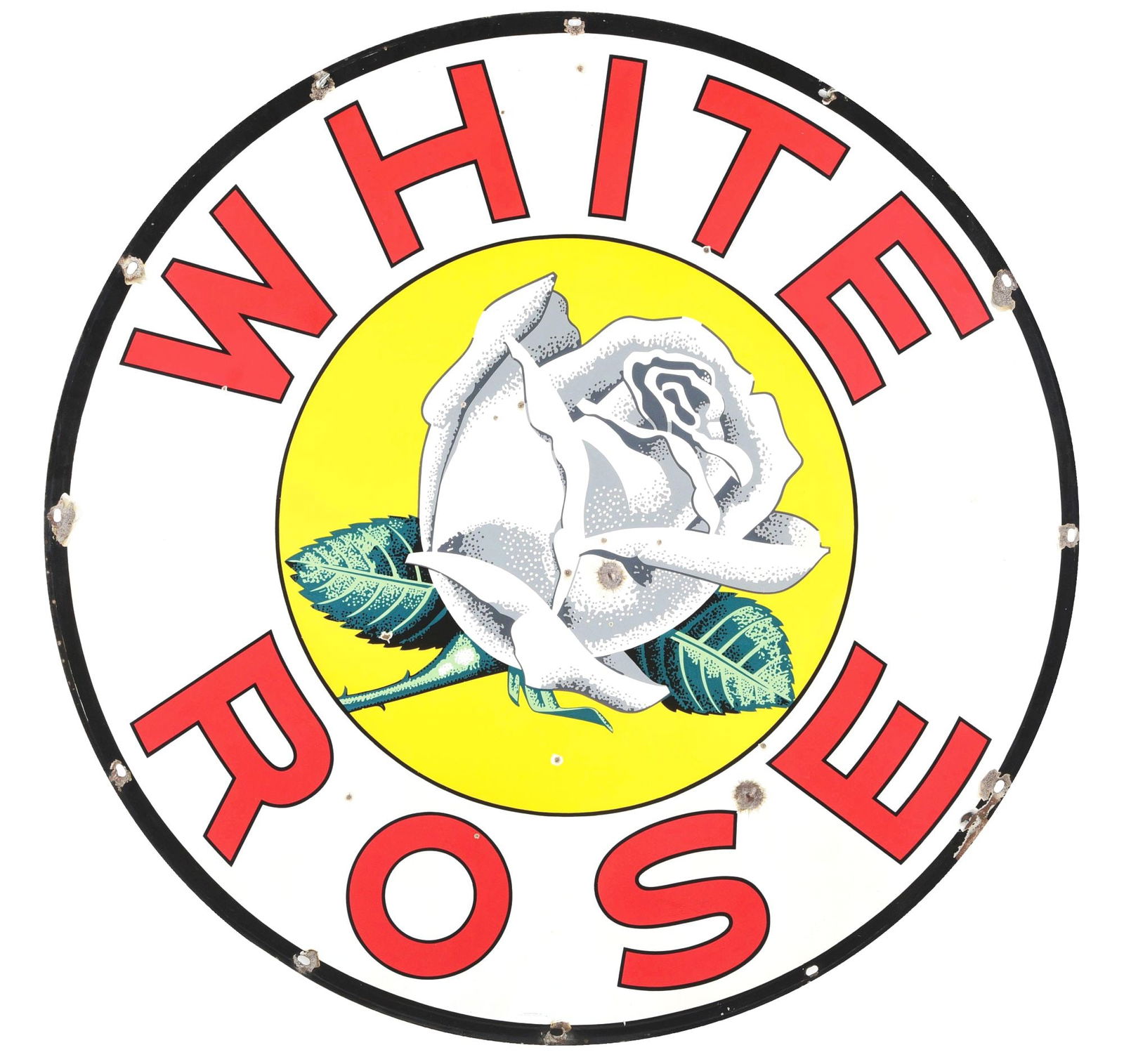 PORCELAIN WHITE ROSE GASOLINE SIGN W/ ROSE GRAPHIC. (1 of 2)