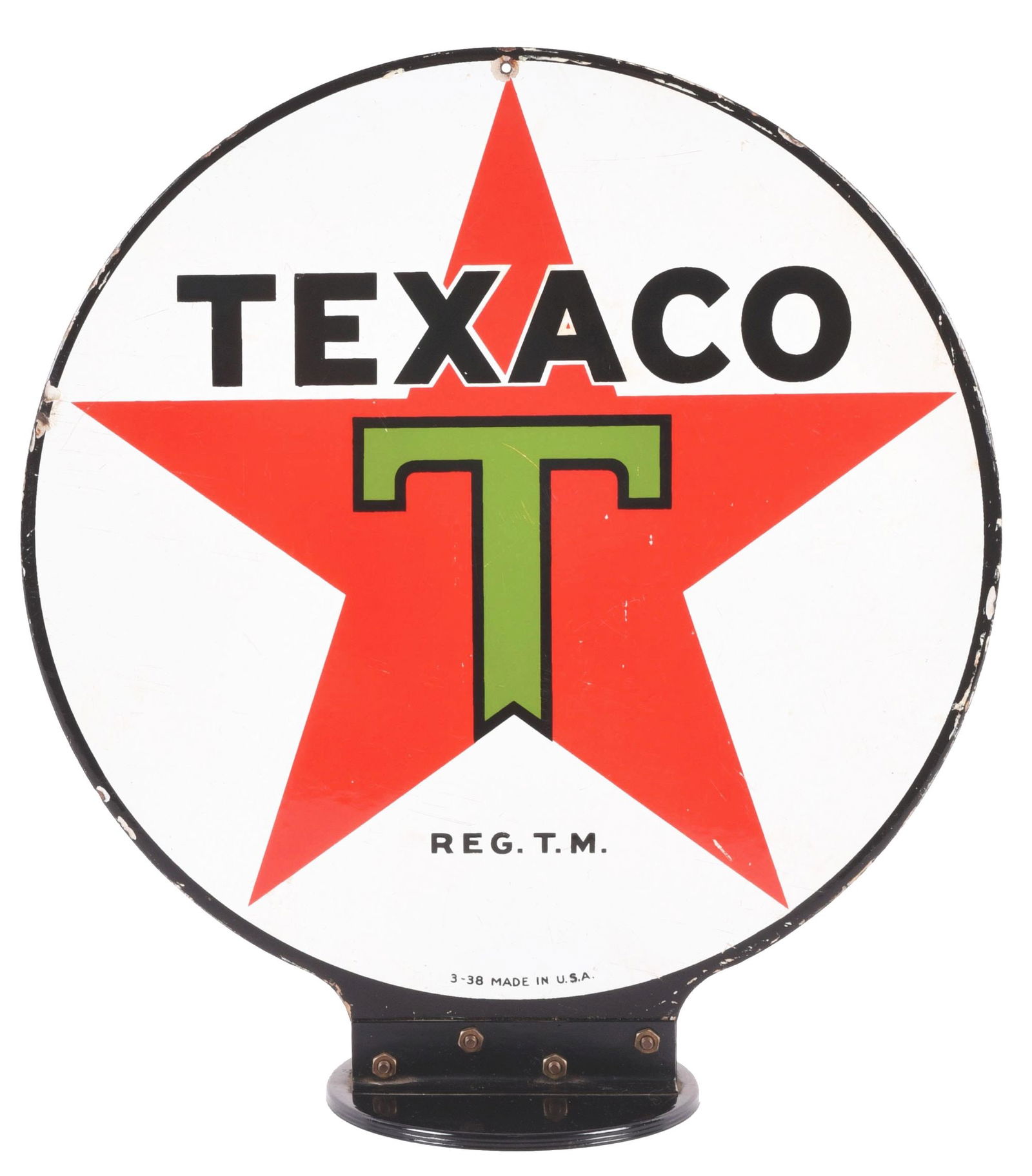 TEXACO GASOLINE PORCELAIN GLOBE SIGN W/ ORIGINAL BASE. (1 of 3)