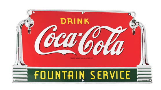 DRINK COCA-COLA FOUNTAIN SERVICE PORCELAIN KICK PLATE SIGN W/ SODA FOUNTAIN GRAPHICS.: SSP. Maker mark, "Made in the USA 1941." C. 1941 Coca-Cola Fountain Service single-sided porcelain kick plate. CONDITION: Sign has good color & gloss throughout the field, with significant surface scr
