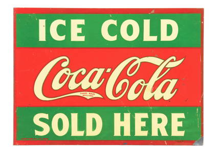 ICE COLD COCA-COLA SOLD HERE TIN FLANGE SIGN.: DST. Maker marked "Stout Sign Co." A clean example of this exceptionally rare c. 1920's tin flange sign from Coca-Cola featuring the "Ice Cold - Sold Here" tag line with good color and shine. CONDITIO