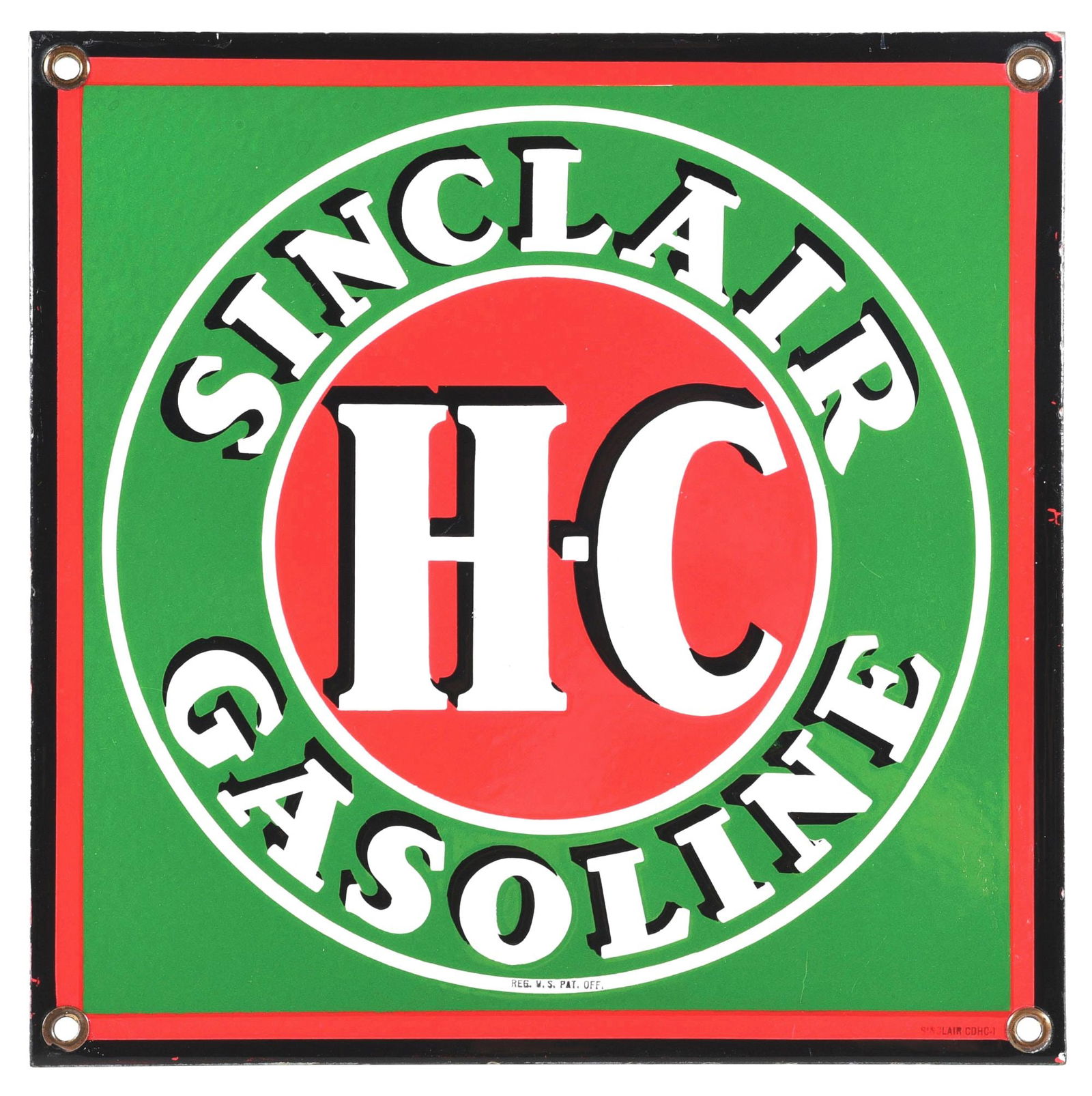 OUTSTANDING SINCLAIR H-C GASOLINE PORCELAIN PUMP PLATE SIGN. (1 of 2)