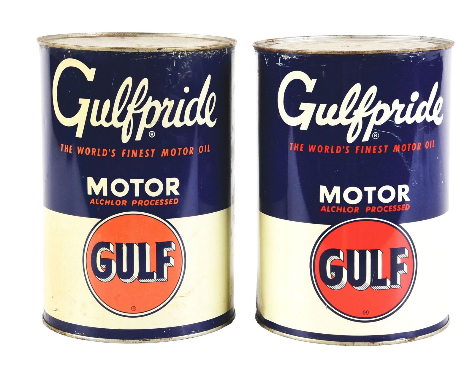 COLLECTION OF 2 GULFPRIDE 5 QUART MOTOR OIL CANS. (1 of 4)