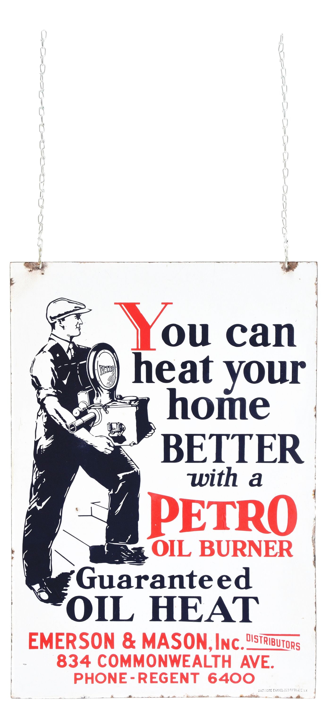 Porcelain Petro Oil Burner Sign W/ Worker Graphic. Auction