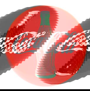 COCA-COLA BUTTON W/ BOTTLE GRAPHIC.: SSP. A nice example of this single-sided porcelain sign from Coca-Cola featuring the bottle graphic with excellent color and shine. CONDITION: Field of this sign remains nice with only minor surface w