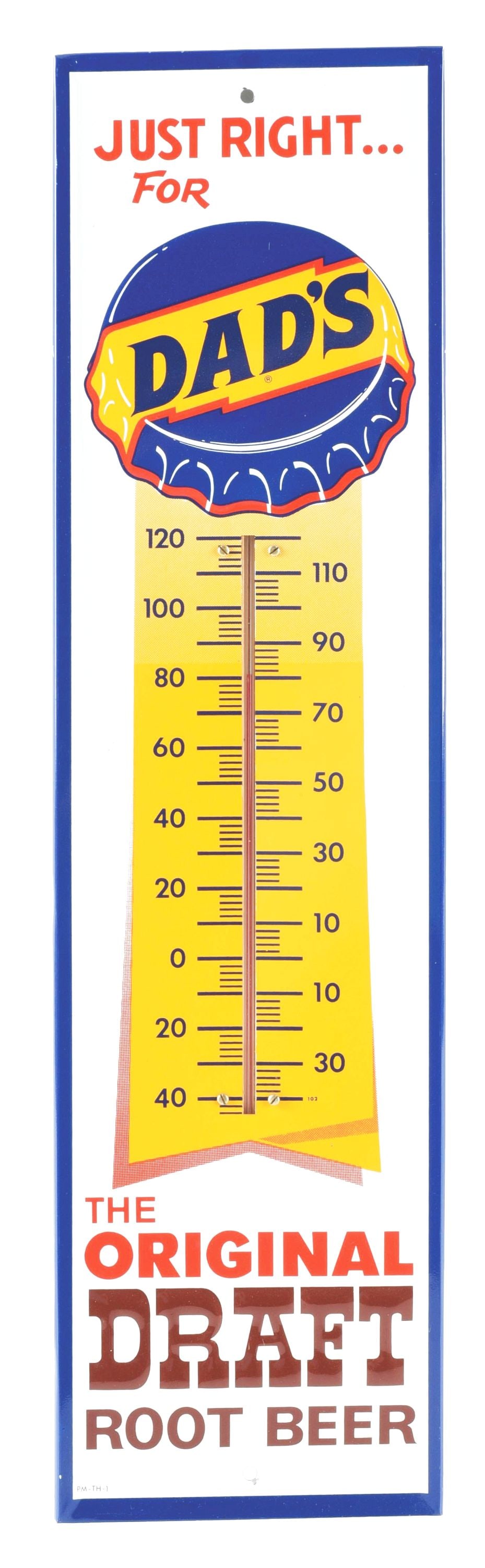 DAD'S "THE ORIGINAL DRAFT ROOT BEER" EMBOSSED TIN THERMOMETER W/ BOTTLE CAP GRAPHIC.: SST. Maker Mark, "Press Sign Co." C. 1950's "Just Right For" Dad's Root Beer self-framed tin thermometer with working thermometer bulb and original wood cradle. CONDITION: Sign has excellent color & g