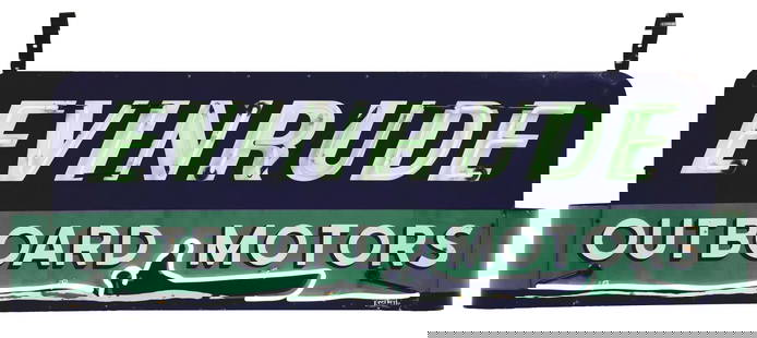 EVINRUDE OUTBOARD MOTORS PORCELAIN NEON SIGN W/ BOAT GRAPHIC.: AGS CERTIFIED #10639 & 10640. DSP. Sign is Maker Marked Everbrite. Excellent displaying C. 1940's Porcelain Sign for Evinrude Outboard Motors showing bright green & white neon on each side. CONDITION: