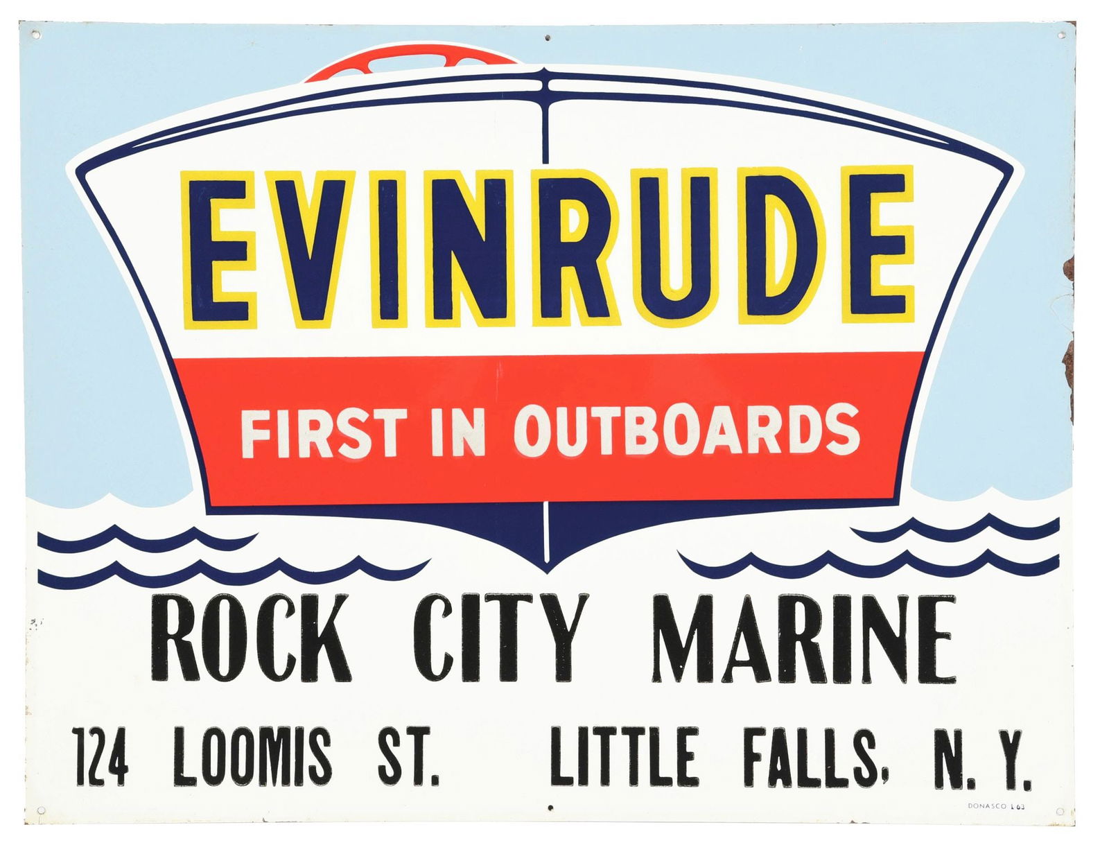 EVINRUDE OUTBOARDS EMBOSSED TIN SIGN W/ MARINE GRAPHICS. (1 of 3)