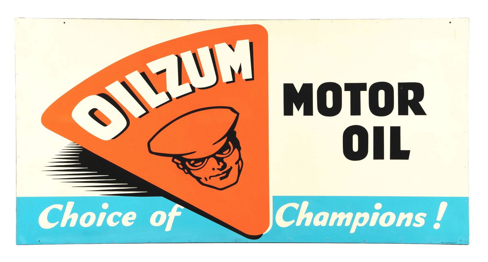 LARGE TIN OILZUM MOTOR OIL SIGN W/ LOGOED GRAPHIC. (1 of 4)