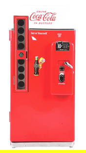 VENDO MODEL #81 COCA COLA SODA POP VENDING MACHINE.: An excellent restoration has been done to this Vendo Model #81 Vending Machine for Coca Cola showing embossed tin lettering at the top as well as Coca Cola decals on all three sides. CONDITION: Restor