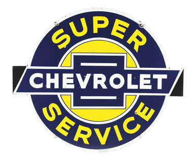 CHEVROLET SUPER SERVICE PORCELAIN SIGN W/ BOW TIE GRAPHIC.: AGS CERTIFIED #10713. DSP. Sign is Maker marked "Walker & Co., Detroit." A bright and glossy example of this highly sought after porcelain sign from Chevrolet Automobiles advertising "Super Service."