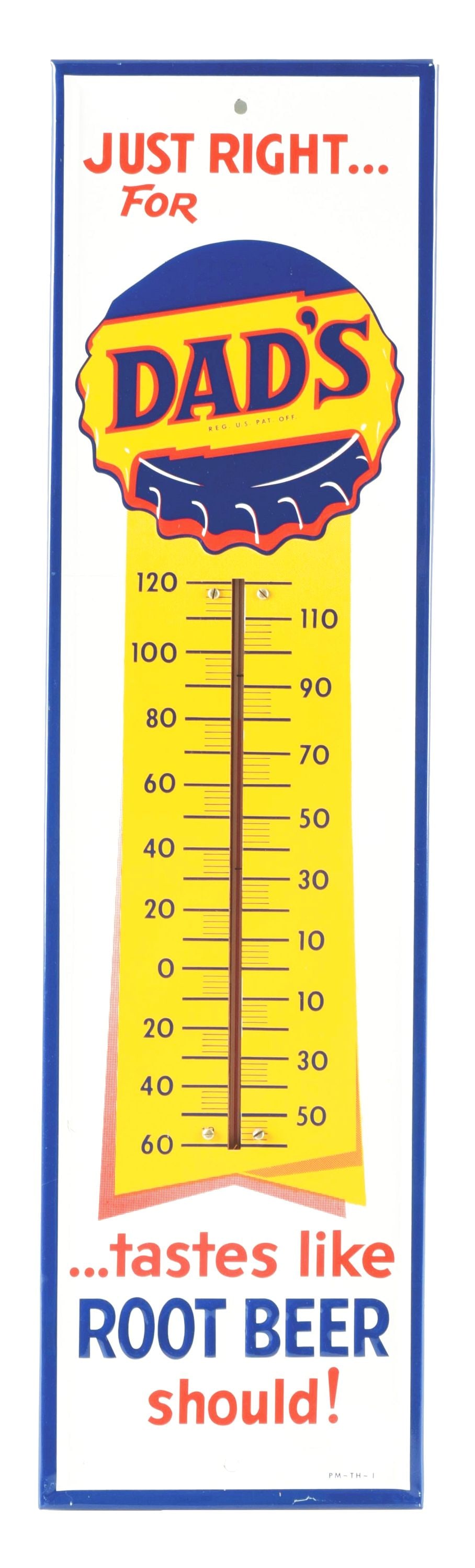 DAD'S ROOT BEER EMBOSSED TIN THERMOMETER W/ BOTTLE CAP GRAPHIC. (1 of 3)