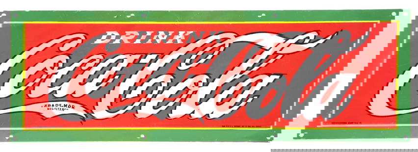 PORCELAIN DRINK COCA-COLA SIGN.: SSP. Maker marked, "Ingram Richardson." A nice example of this c. 1927 single-sided porcelain sign from Coca-Cola featuring the iconic script logo with good color and shine. CONDITION: The outer borde