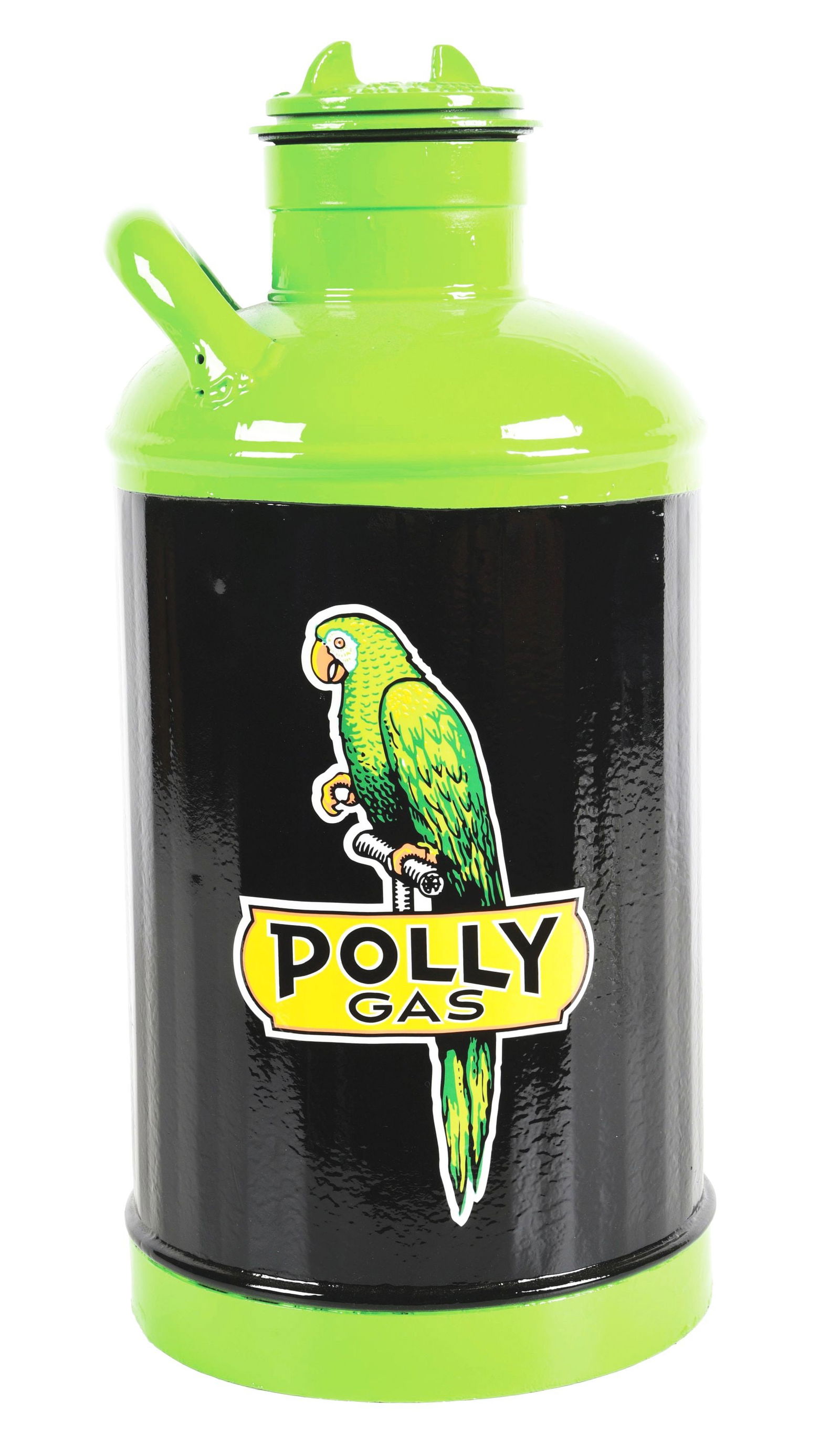 POLLY GAS THEMED OIL CAN W/ POLLY PARROTT GRAPHIC.: Nice displaying early oil canister restored in Polly Gas graphics. CONDITION: Can has vivid color and gloss throughout with excellent painted graphics. Can has one minor dent at the top of the piece,