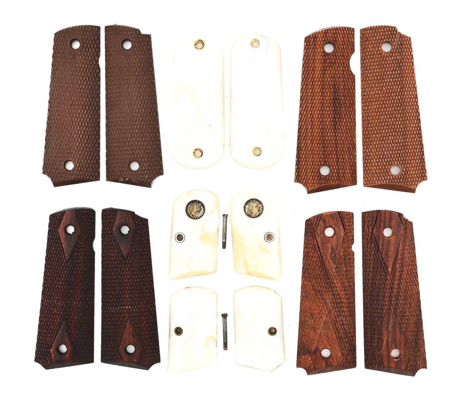 LOT OF 7: GRIPS FOR COLT SEMI-AUTOMATIC PISTOLS.: Lot consists of (A) Pair of Mother of Pearl grips for a 1902, no medallions. (B) Pair of Mother of Pearl grips for a 1908 Vest Pocket, no medallions. (C) Pair of Mother of Pearl grips with Colt deep s