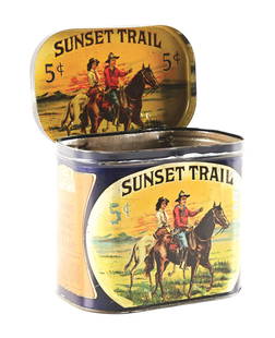 SUNSET TRAIL TOBACCO TIN.: Nice image of cowboy and cowgirl.