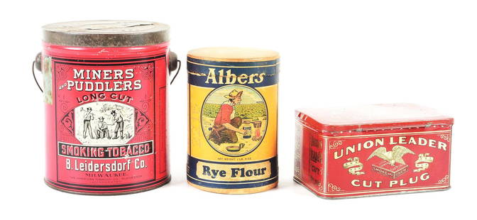 LOT OF 3: TOBACCO TINS.: Includes two tins, the Miners Puddlers is tin, the Union Leaders is tin; the Albers Rye Flower is cardboard.