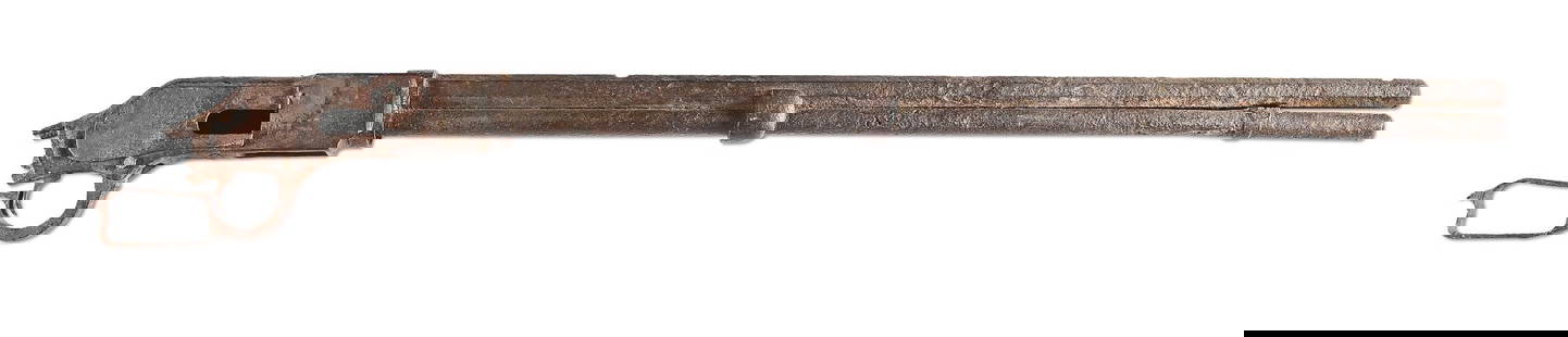 (A) WINCHESTER 1876 IN RELIC CONDITION.: Octagon barrel with a full-length tube magazine. The gun is missing all of the internal mechanism and both stocks. Would be a great wall hanger in a bar or mancave. CONDITION: Gun is in relic conditio