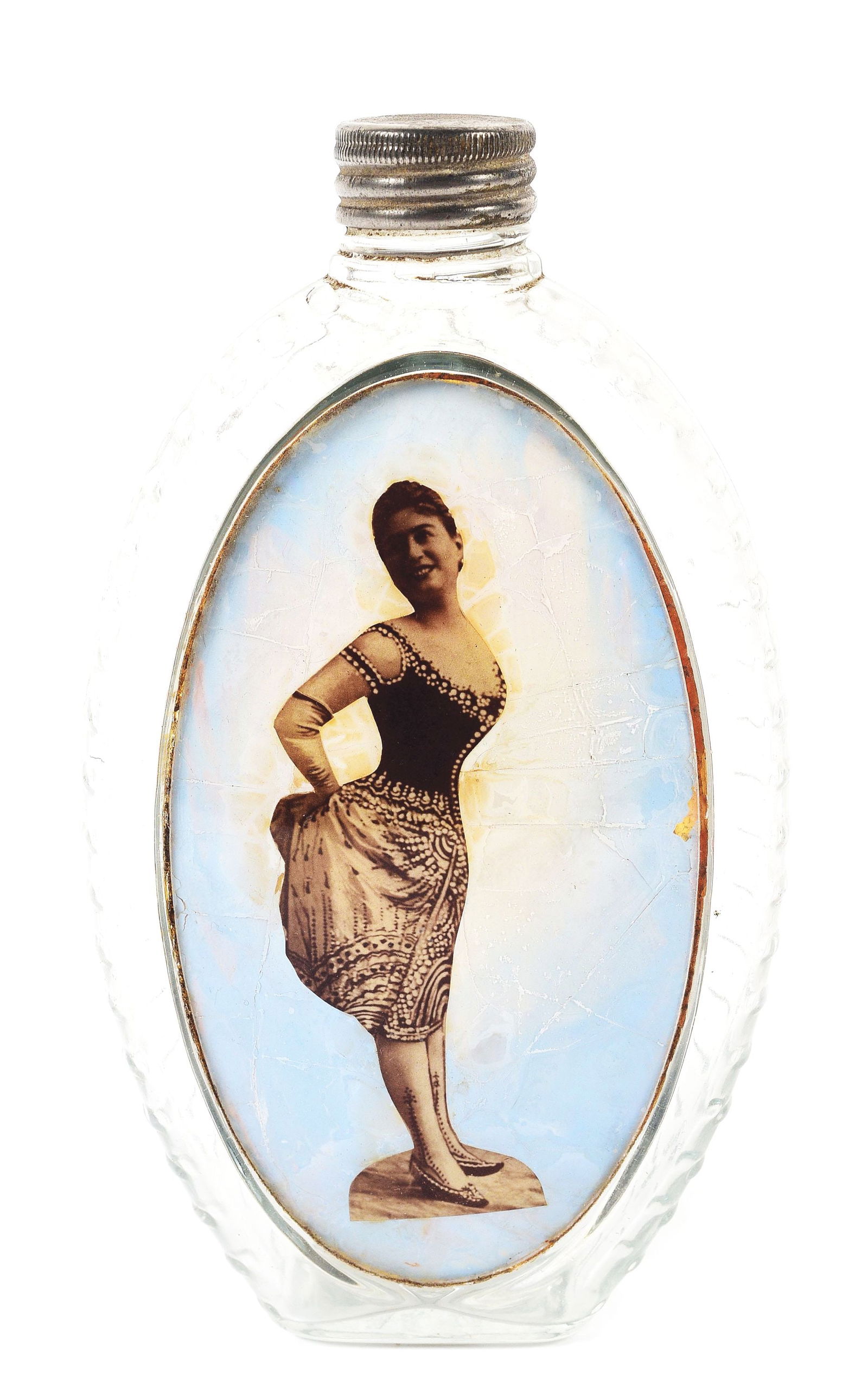 REVERSE ON GLASS WHISKEY FLASK.: Nice photo image of Victorian lady. Original silver cap.