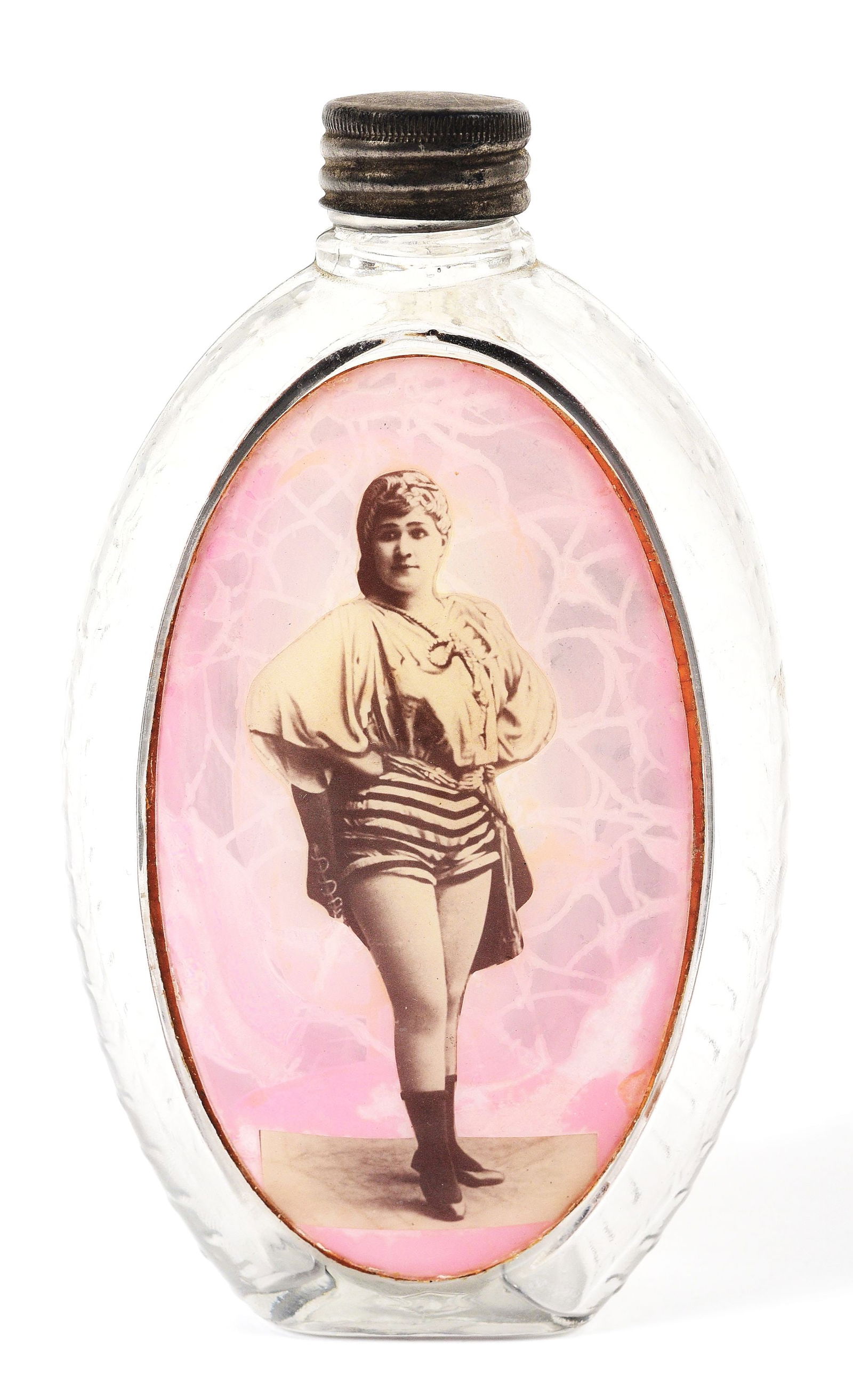 REVERSE ON GLASS WHISKEY FLASK.: Nice photo image of Victorian lady. Original silver cap.