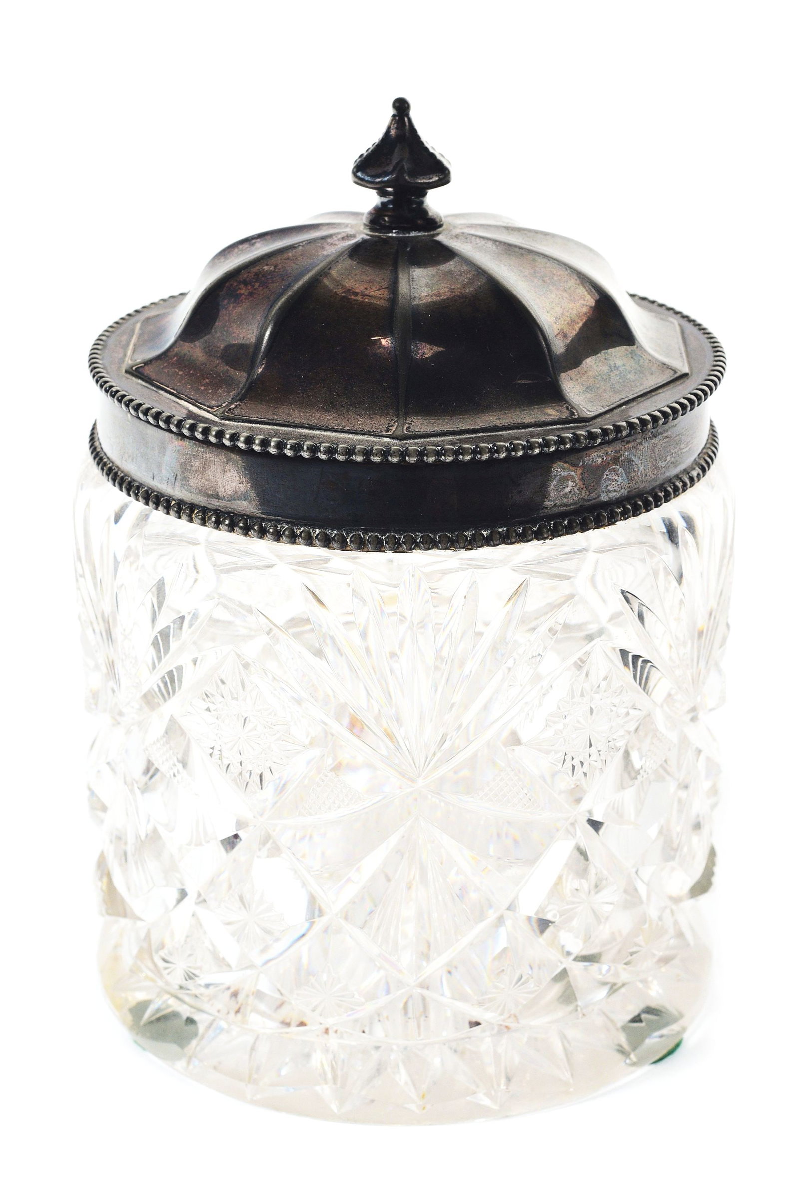 CUT GLASS WITH SILVER LID HUMIDOR.: Marked silver.