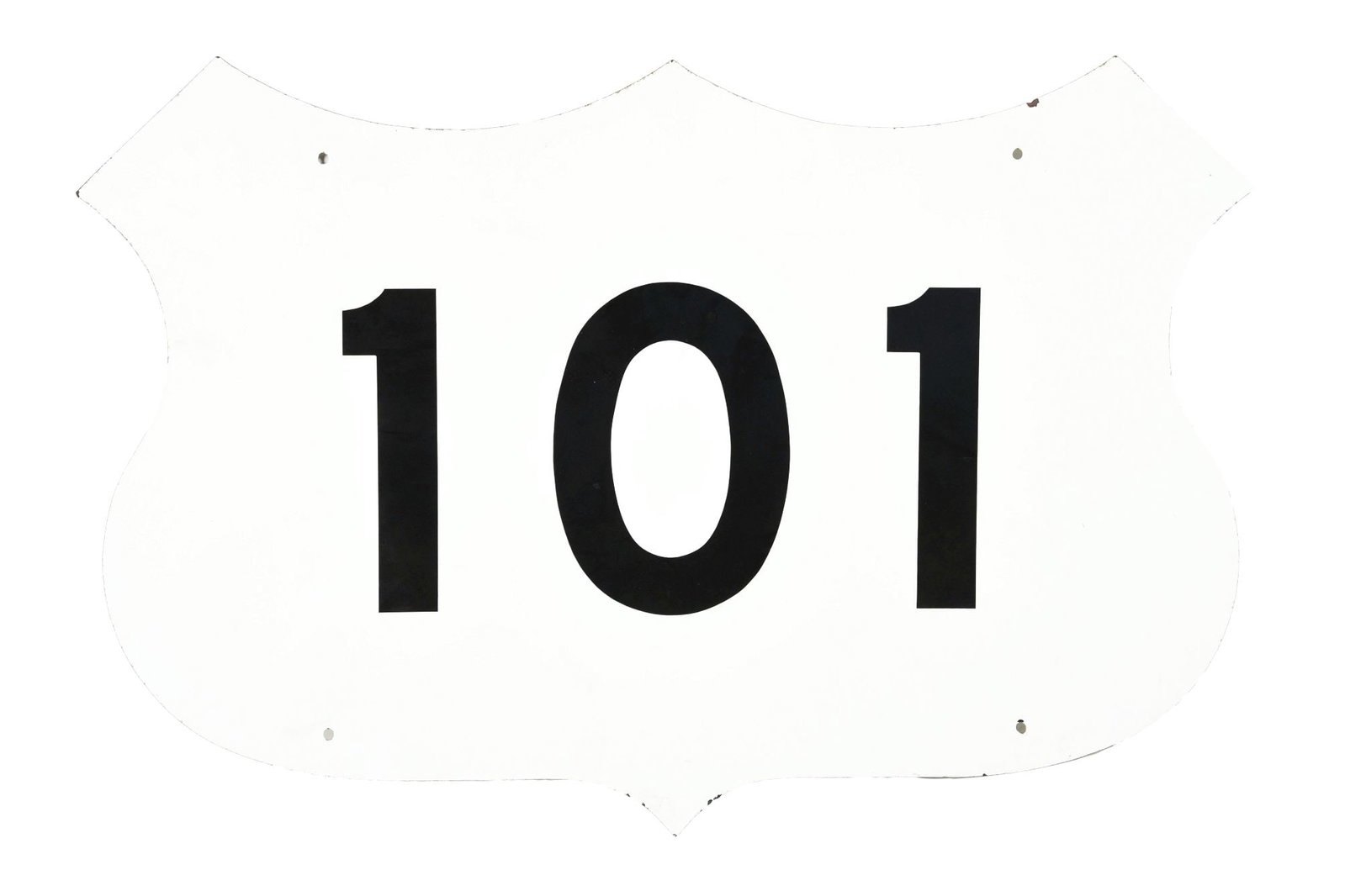 ROUTE 101 PORCELAIN SHIELD SIGN.: SSP. C. 1960s Route 101 single-sided porcelain die-cut shield sign. CONDITION: Sign has excellent color and gloss throughout, with only minor staining to note in the field. The outer edges of the sign