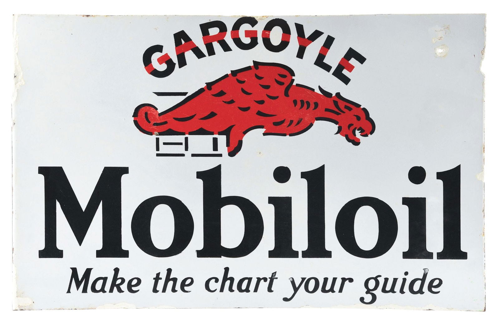 MOBILOIL PORCELAIN FLANGE SIGN W/ GARGOYLE GRAPHIC. (1 of 2)