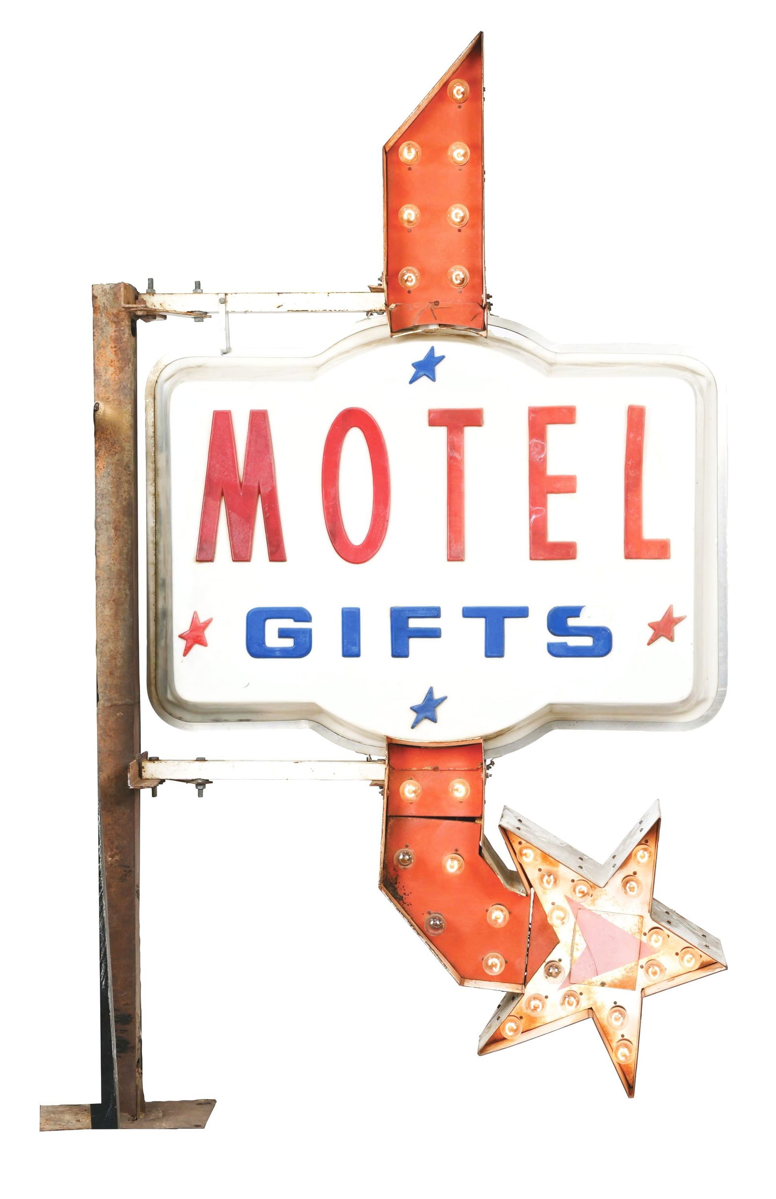VERY UNIQUE DISPLAYING "MOTEL GIFTS" PLASTIC LEXAN SIGN ATTACHED TO FLASHING ARROW. (1 of 4)