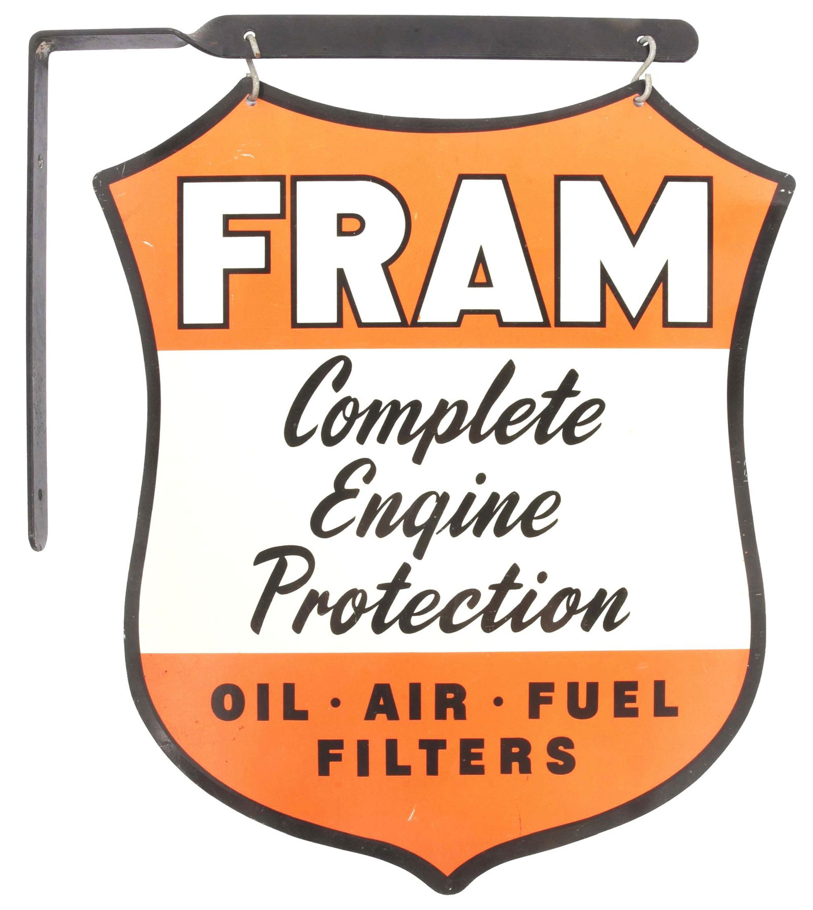 PAINTED TIN - FRAM OIL FILTER SIGN W/ ORIGINAL BRACKET. (1 of 2)